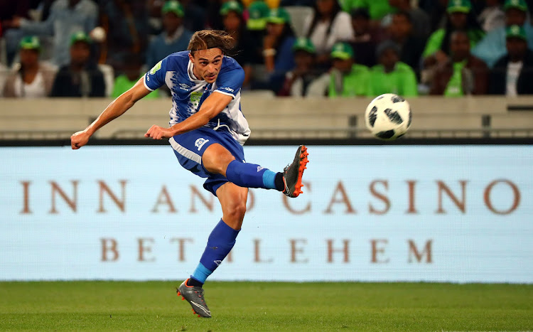 Maritzburg United striker Andrea Fileccia shoots for goal during the Nedbank Cup final against Free State Stars at Cape Town Stadium on May 19 2018.