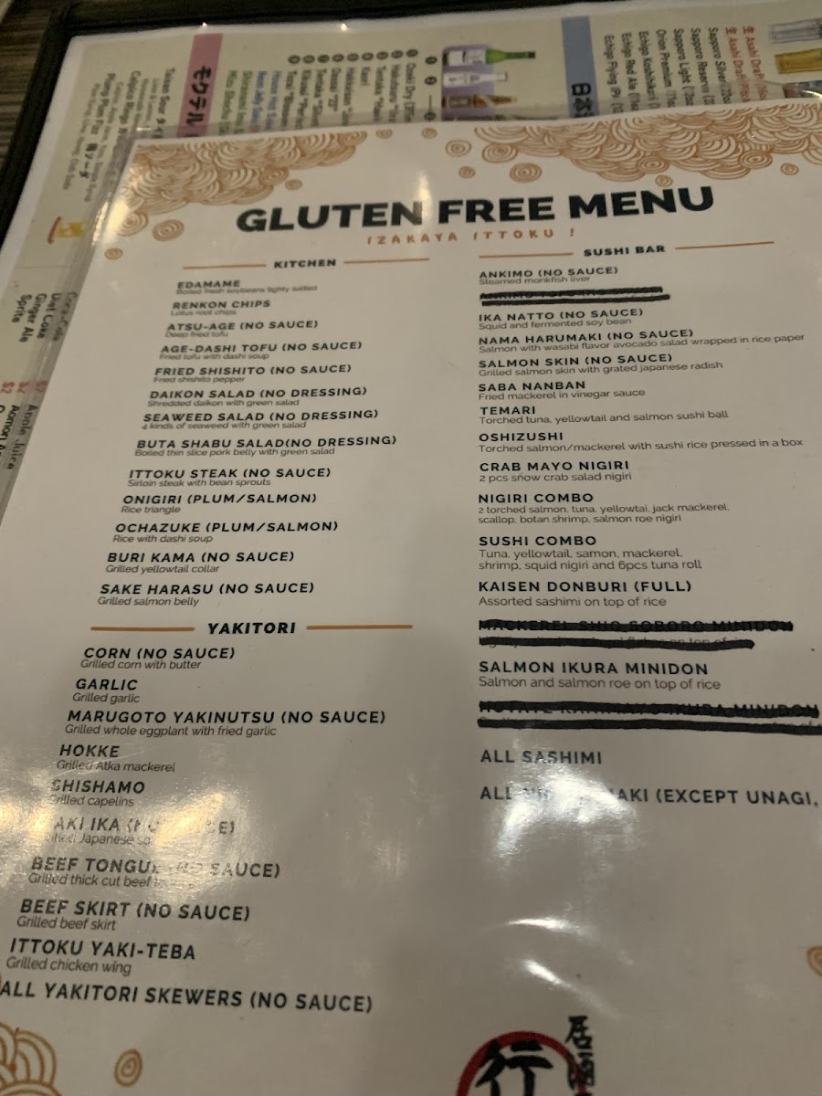 Ittoku gluten-free menu