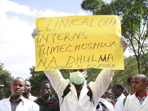 A file photo of registered diploma clinical officers demonstrating in Uhuru Park over salaries. /MONICAH MWANGI