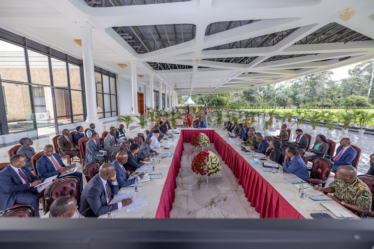 President William Ruto chairs a meeting with the Emergency Multi Agency response team on Floods at State House, Nairobi on April 25, 2024.