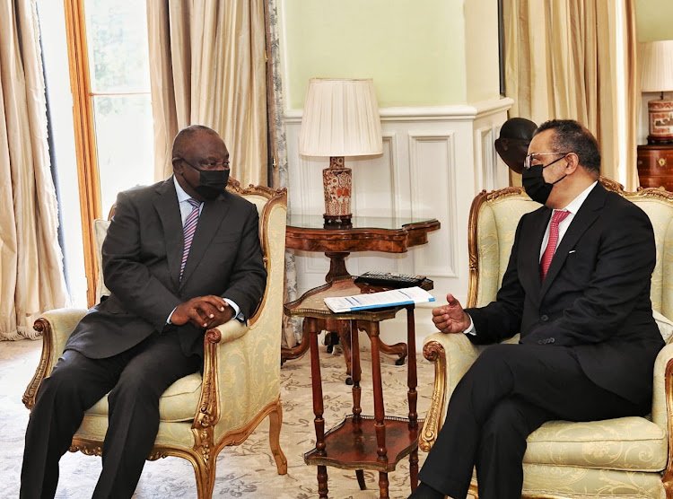 President Cyril Ramaphosa and the director-general of the World Health Organisation, Tedros Ghebreyesus, at Genadendal in Cape Town on February 11 2022.