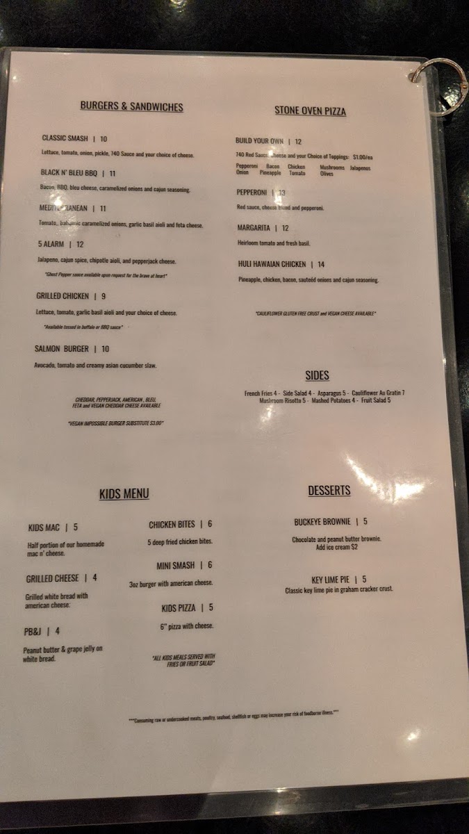 740 Social gluten-free menu