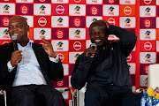 Mamelodi Sundowns coach Pitso Mosimane and SuperSport United coach Kaitano Tembo during the Absa Premiership Launch at Absa Contact Centre on July 29, 2019 in Johannesburg, South Africa. 