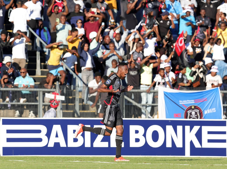 Thalente Mbatha celebrates scoring for Orlando Pirates in their DStv Premiership win against Royal AM at Harry Gwala Stadium in Pietermaritzburg on Sunday. Picture: BACKPAGEPIX/SAMUEL SHIVAMBU
