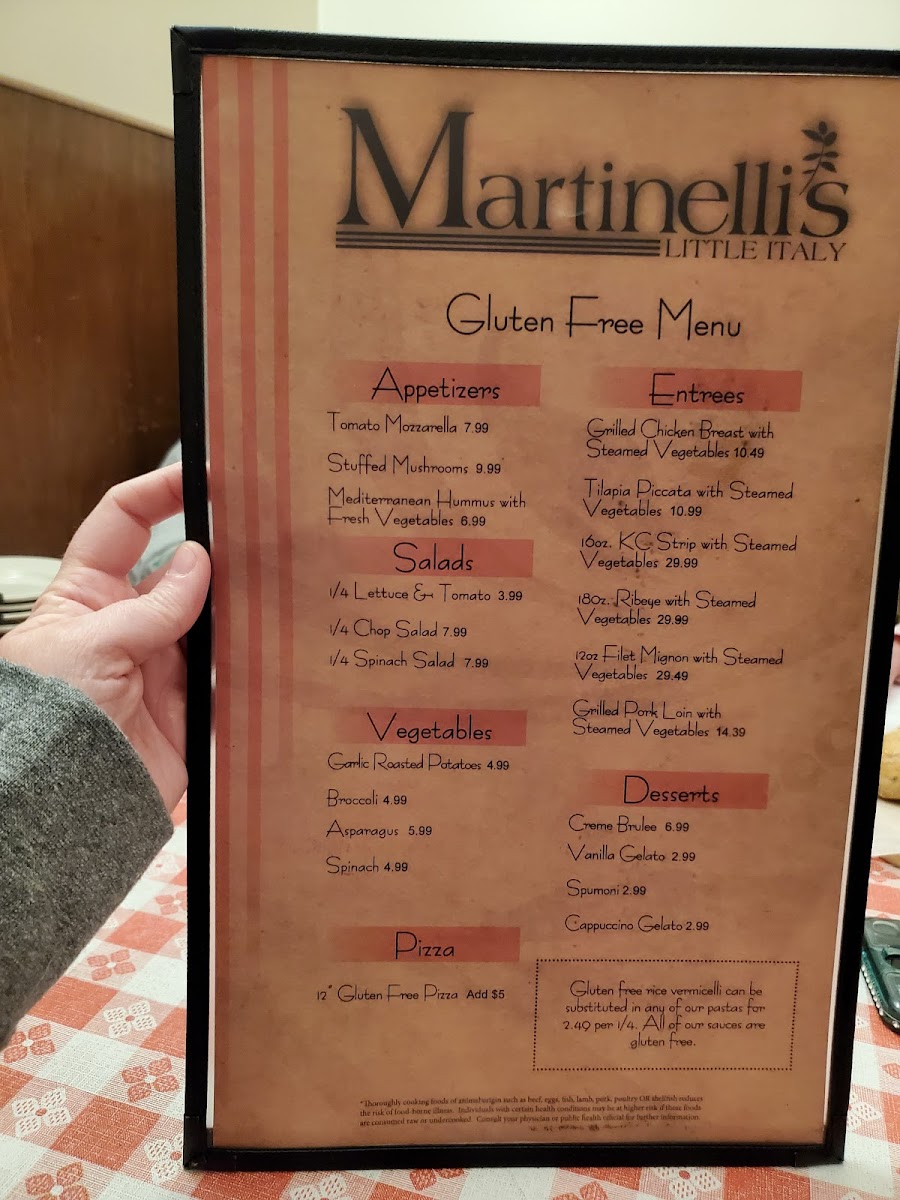 Martinelli's Little Italy gluten-free menu