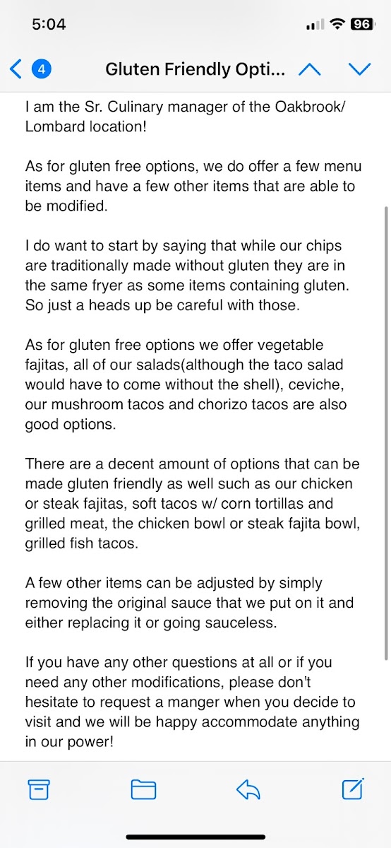 Uncle Julio's gluten-free menu