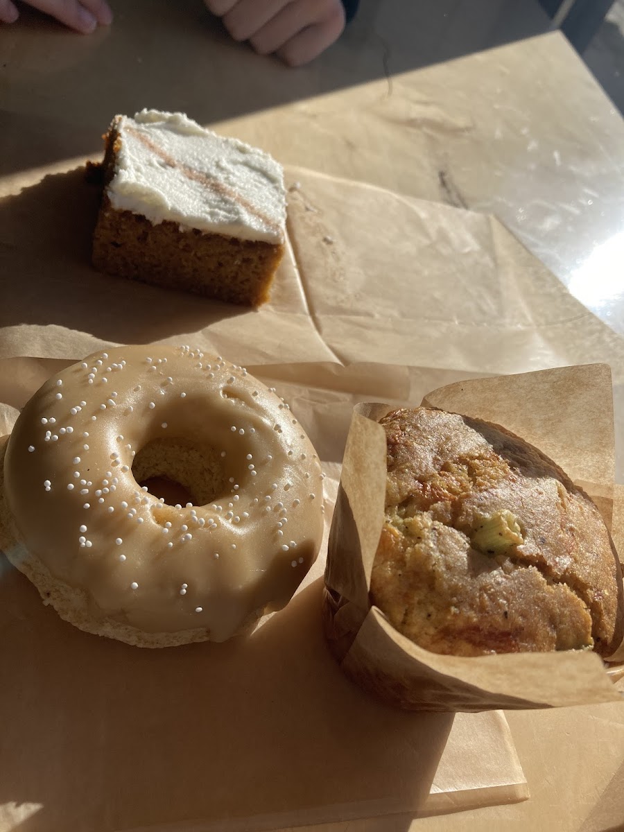 Pumpkin bar, vanilla donut with maple glaze, cheddar cornbread muffin