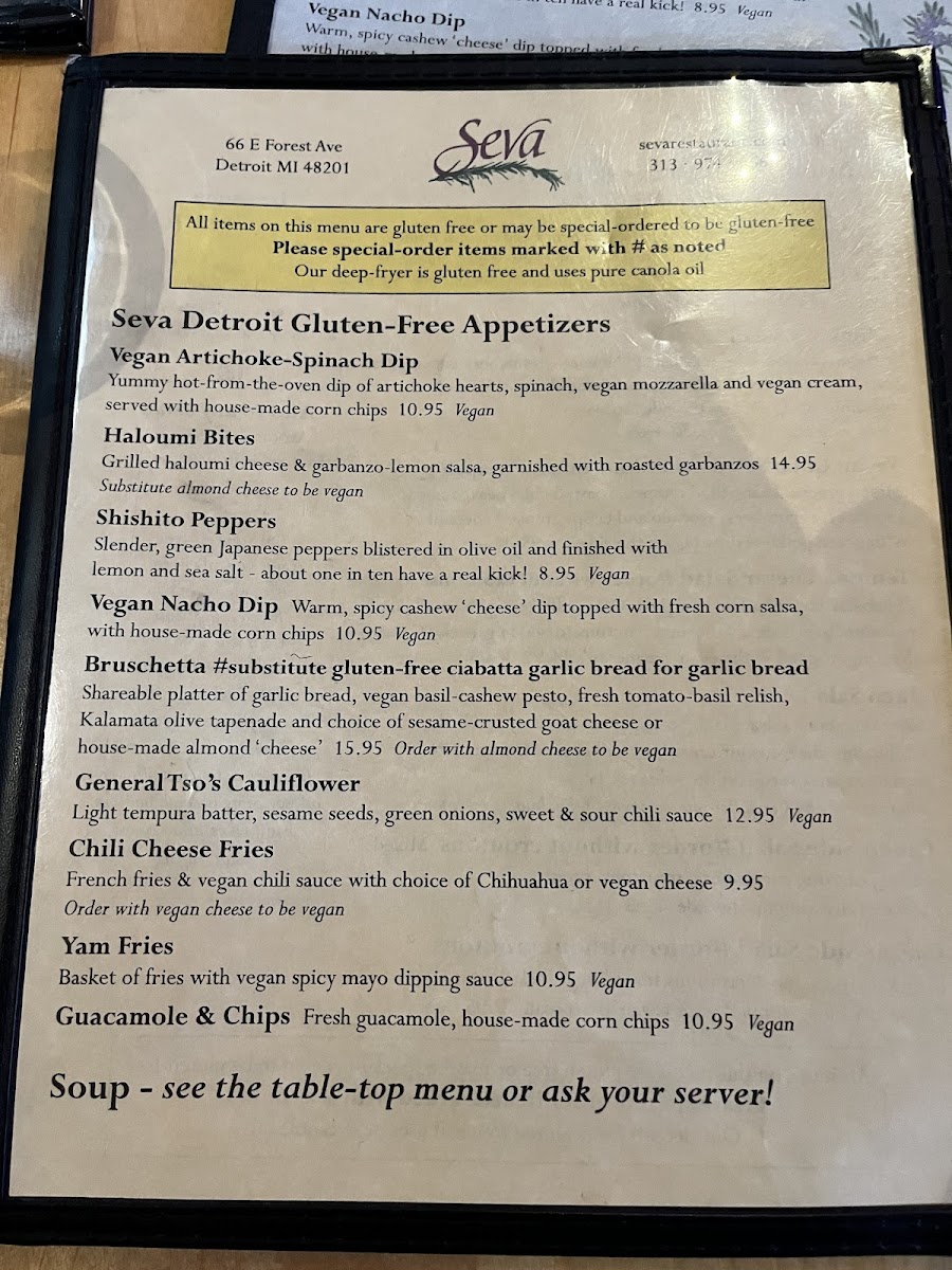 Seva Detroit gluten-free menu