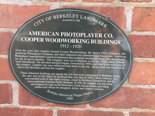 CITY OF BERKELEY LANDMARK designated in 1986 AMERICAN PHOTOPLAYER CO. COOPER WOODWORKING BUILDINGS 1912 - 1920 Over the years this complex housed Cooper Woodworking, the Sperry Flour Company, the...