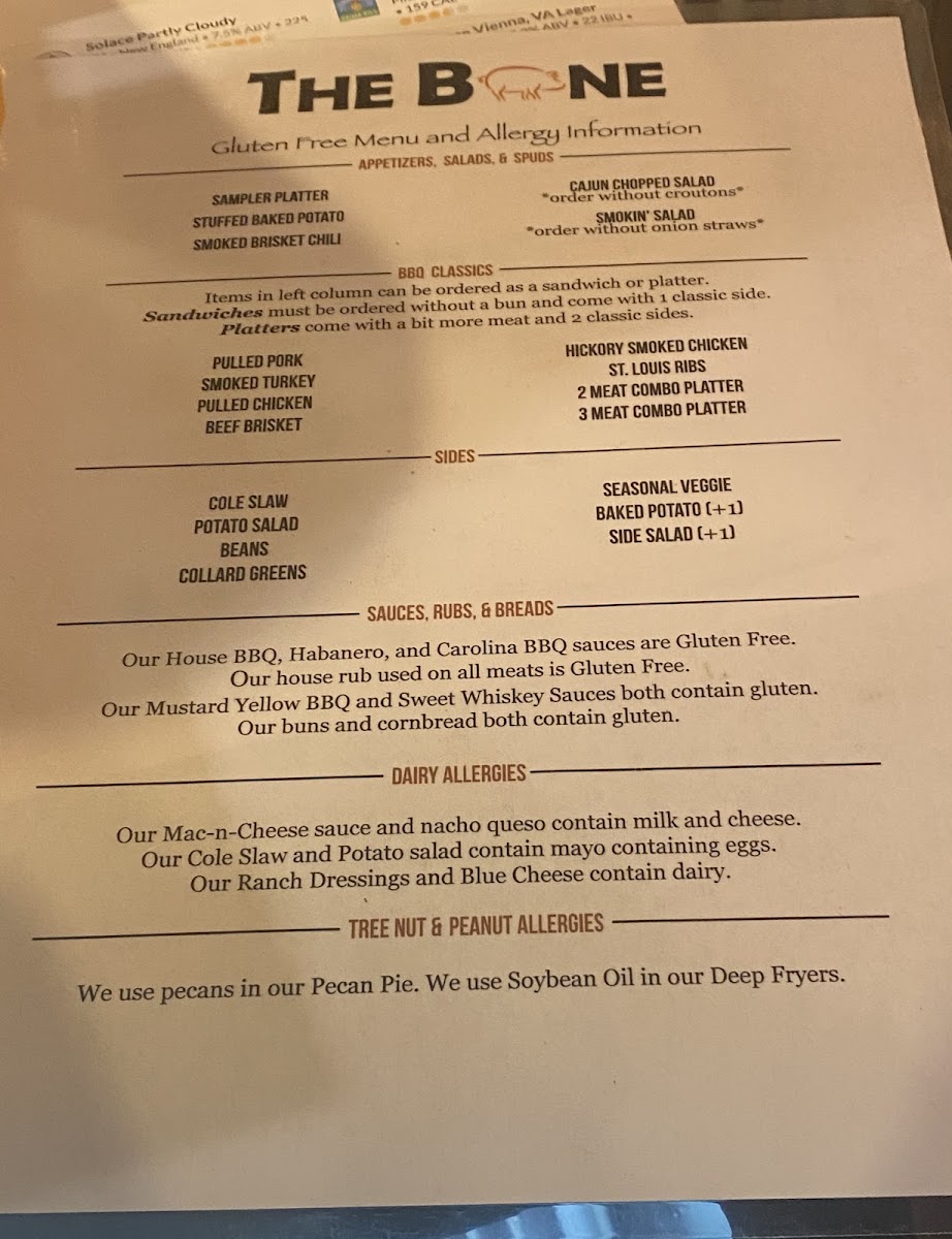 The Bone gluten-free menu