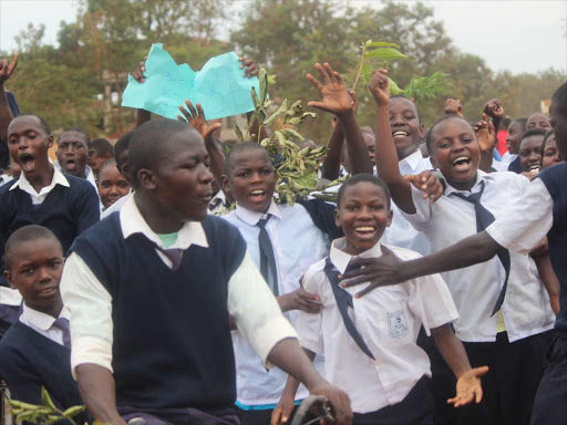 HURRAY: Students of Burumba Mixed Secondary celebrate in Busia town on Thursday. Photo/Gilbert Ochieng