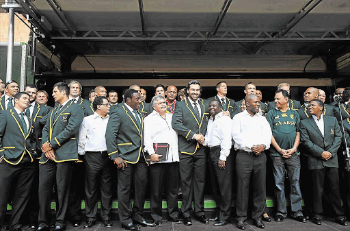 The Springboks say farewell to their fans in Sandton, Johannesburg, yesterday. There will be a much bigger crowd if the team returns with the Webb Ellis trophy in two months' time Picture: ALON SKUY