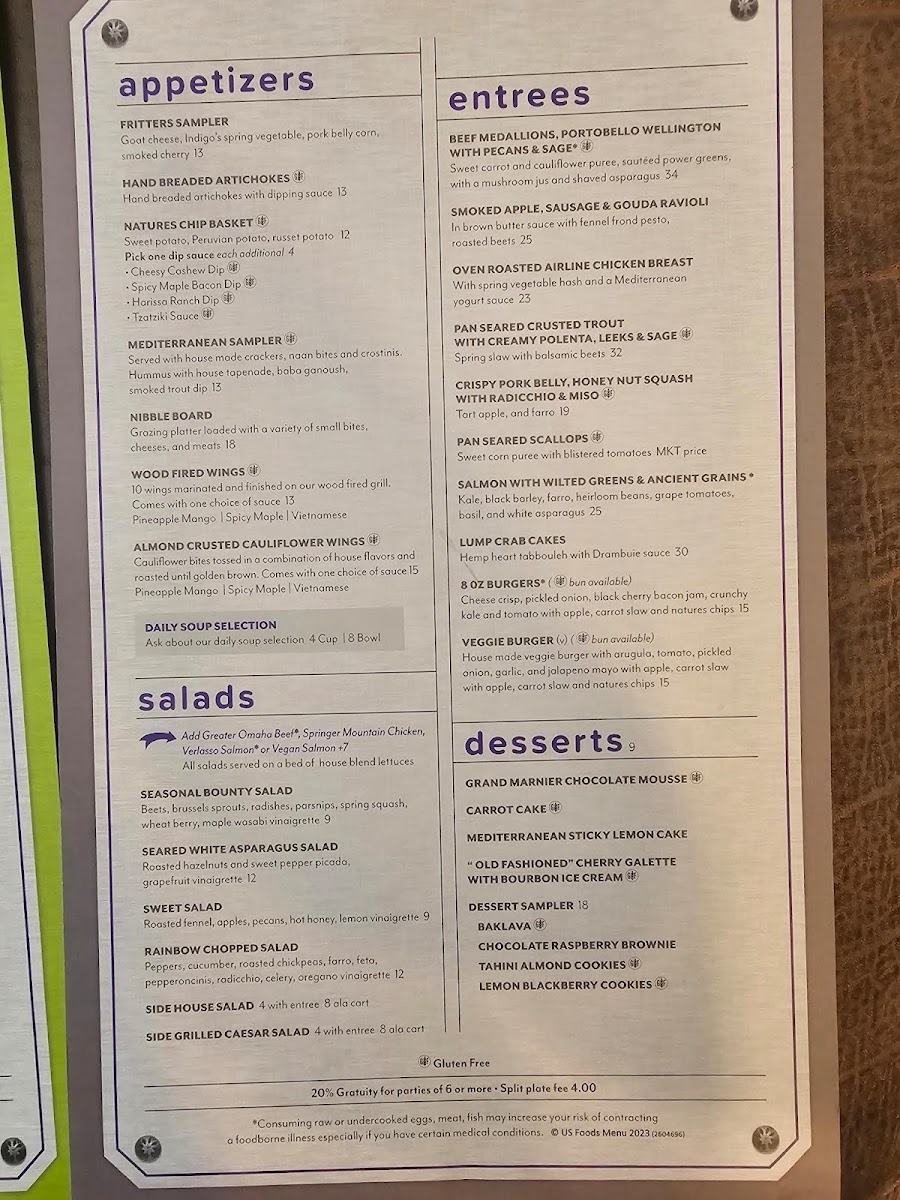 Indigo Cafe gluten-free menu