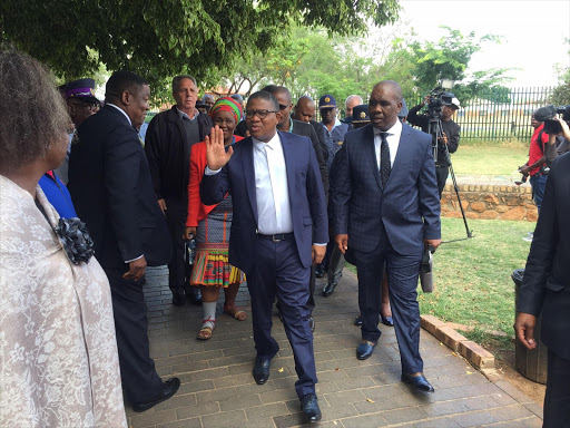 Mbalula arrived at the Soshanguve Police Station on Sunday along with the SAPS chief of staff, Steve Tshabalala ahead of the briefing with regards to an incident involving the killing and wounding a police officer on Friday. Picture: Neo Goba