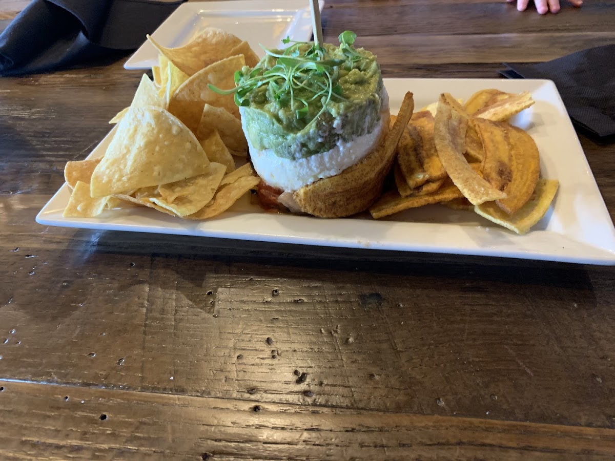 Three layer dip with house made tortilla chips and house made plantain chips.  Absolutely stunning presentation and even more delicious !!!