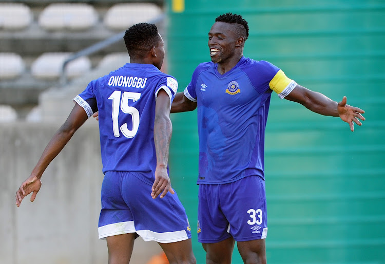Carlington Nyandombo (R) of Tshakhuma Tsha Madzivhandila celebratres his goal with teammate Onyedikachi Ononogbu (L) during the National First Division match against Cape Umoya United in February 2019.