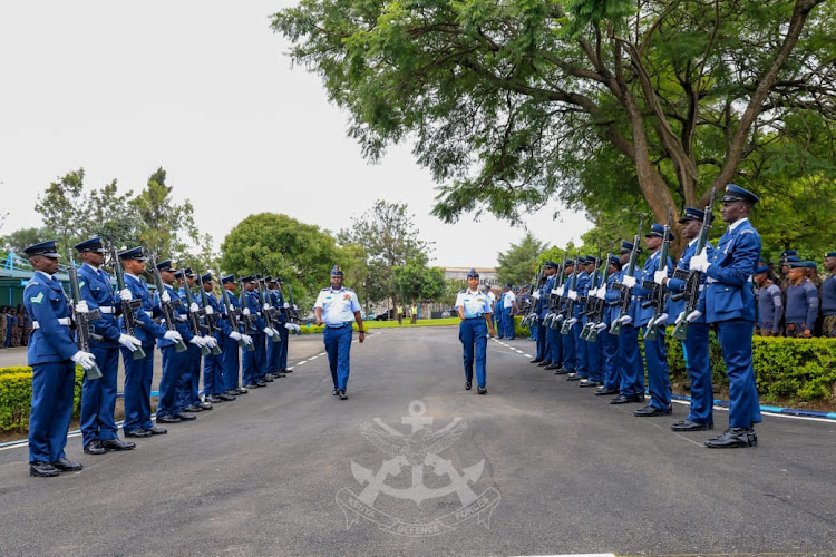 Major General Fatuma Ahmed and VCDF Lieutenant General John Omenda inspect a guard of honour during the change of guard ceemony held at the KAF Headqaurters in Nairobi, May 9, 2024.
