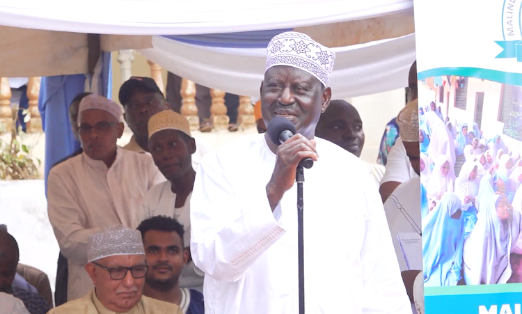 ODM leader Raila Odinga speaking at a fundraiser for orphans at Malindi Islamic Center and Orphanage in Kilifi on March 31, 2024.