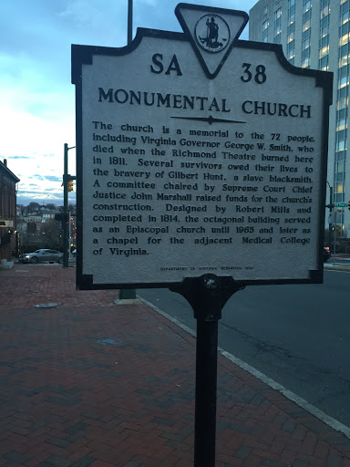 SA 38 MONUMENTAL CHURCH The church is a memorial to the 72 people, including Virginia Governor George W. Smith, who died when the Richmond Theatre burned here in 1811. Several survivors owed their...