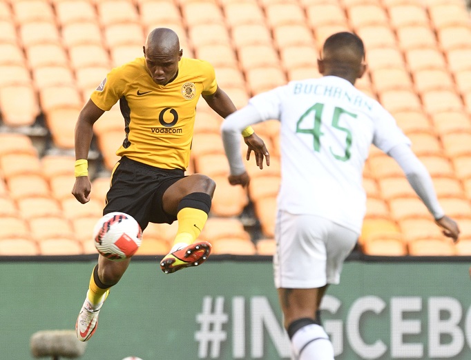 Njabulo Ngcobo of Kaizer Chiefs is challenged by Keagan Buchanan of AmaZulu in the DStv Premiership match at FNB Stadium on November 24 2021.