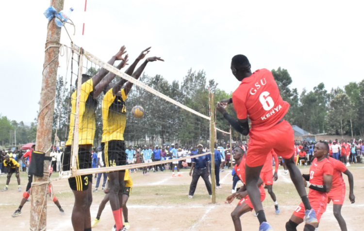 Action between GSU and Kenya Prisons during the Arthur Odera Open Tournament at Malaba Stadium on Sunday.