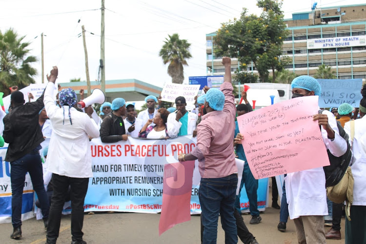 Doctors, Interns and nurses demonstrate as they head to the Ministry of health offices, Nairobi on April 9, 2024