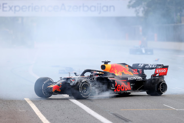 Max Verstappen crashes after a tyre blowout during the F1 Grand Prix of Azerbaijan at Baku City Circuit on June 6, 2021 in Baku, Azerbaijan.
