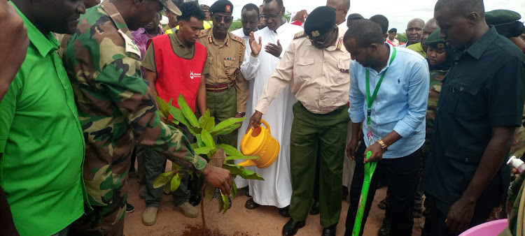 Northeastern regional commissioner John Otieno waters a tree after planting.