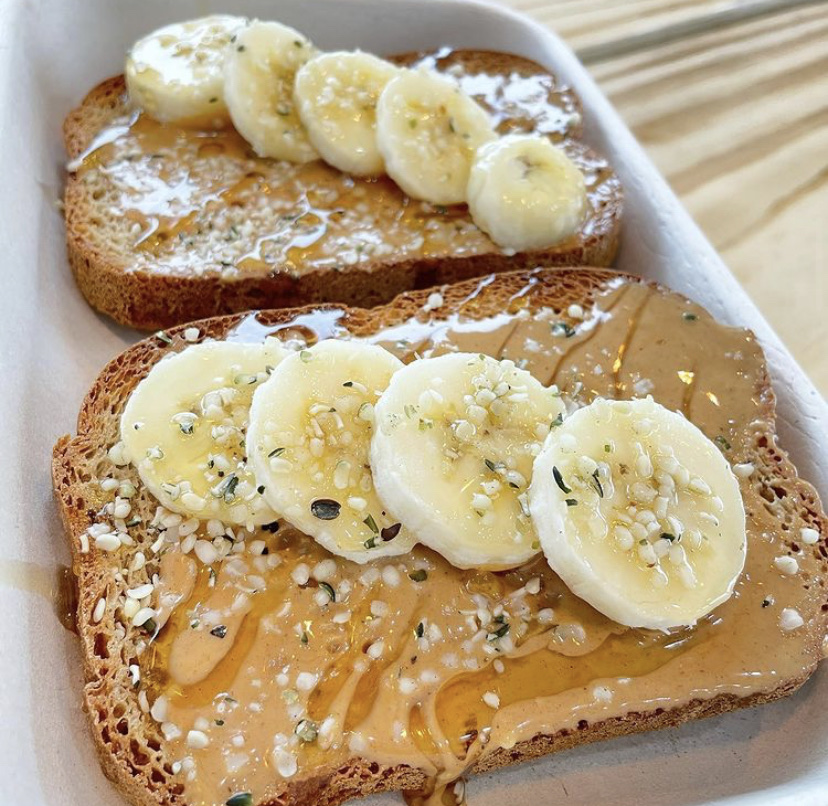 Peanut butter banana toast - topped with hemp seeds and raw honey! Gluten free, vegan bread!