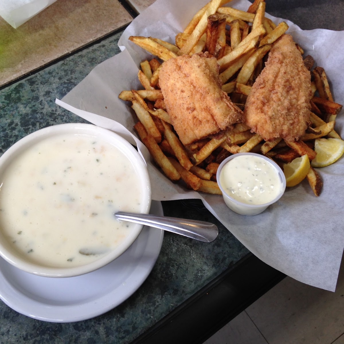 Gluten free clam chowder, cod fish and chips-delicious!!!