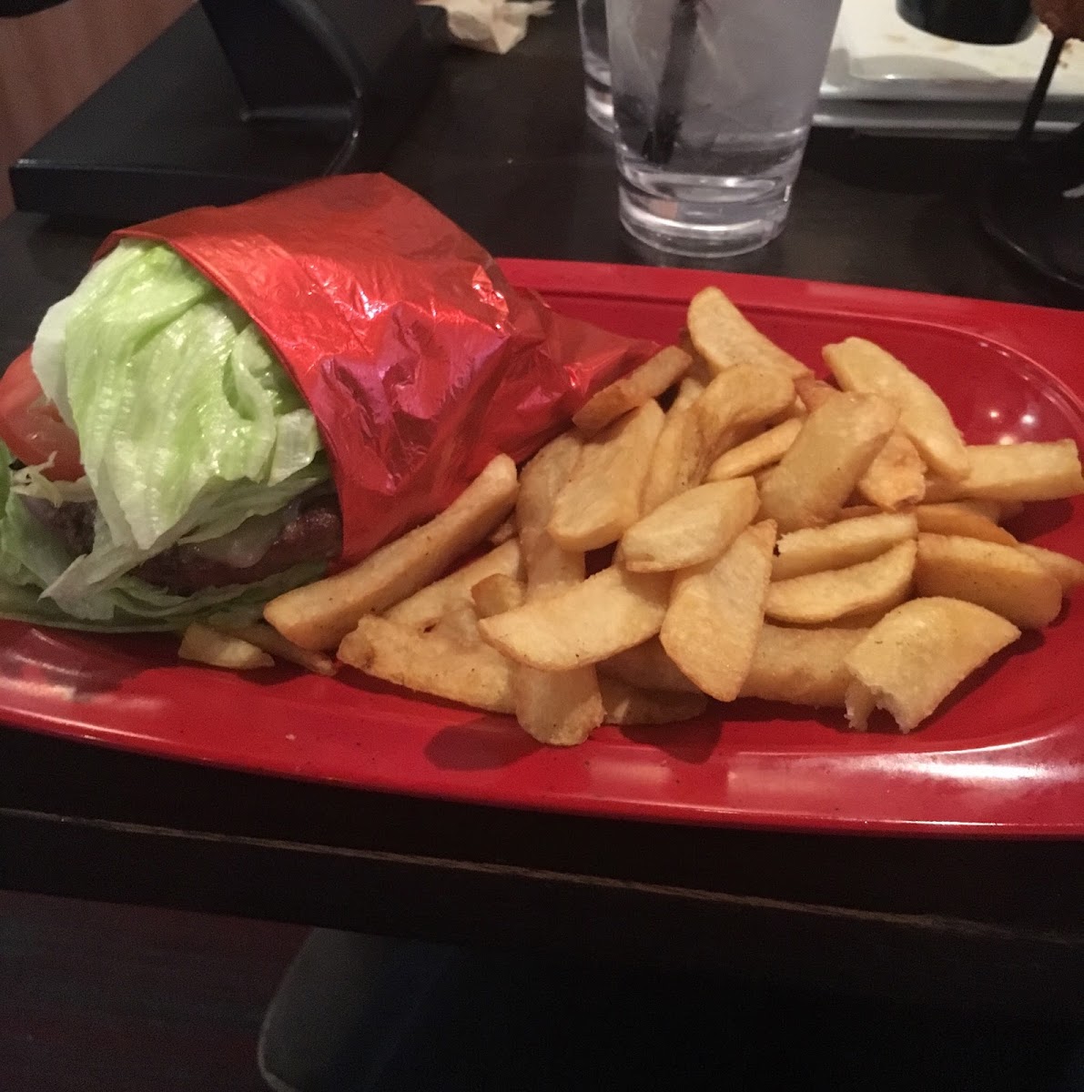 “Wedgie Style” (lettuce wrap) burger and fries