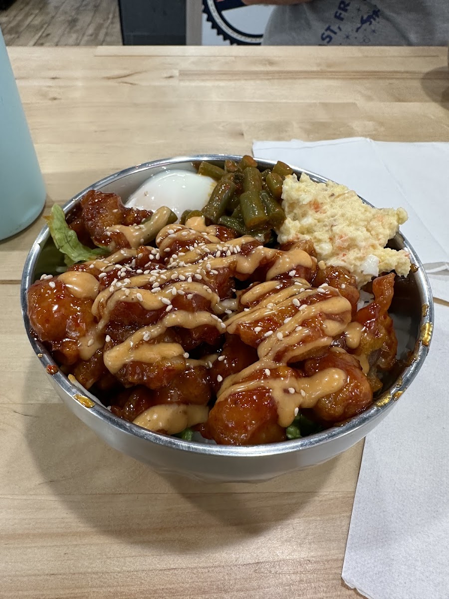 KFC with rice, green beans, potato salad and egg