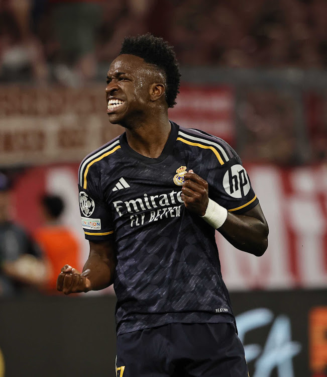 Real Madrid Vinicius Junior celebrates after scoring against Bayern Munich on April 30