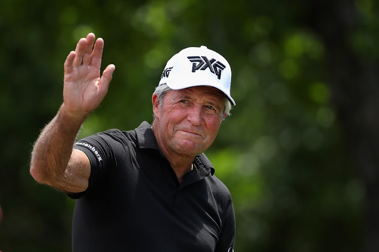 Golfing legend Gary Player waves as he is introduced during the '3M Greats of Golf' at the Insperity Invitational at The Woodlands Country Club on May 04, 2019 in The Woodlands, Texas.
