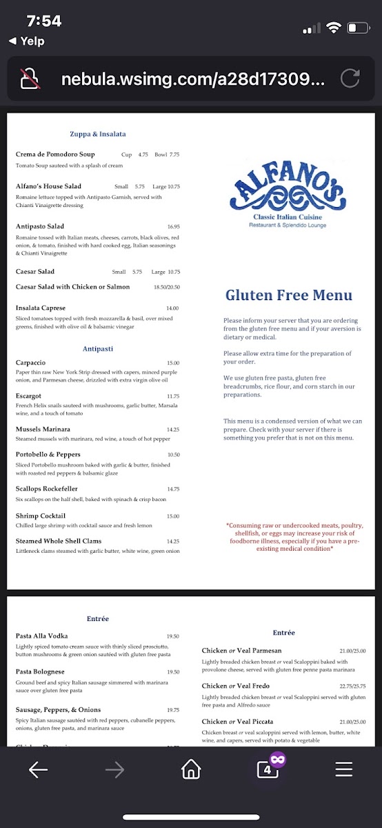 Alfano's Restaurant gluten-free menu