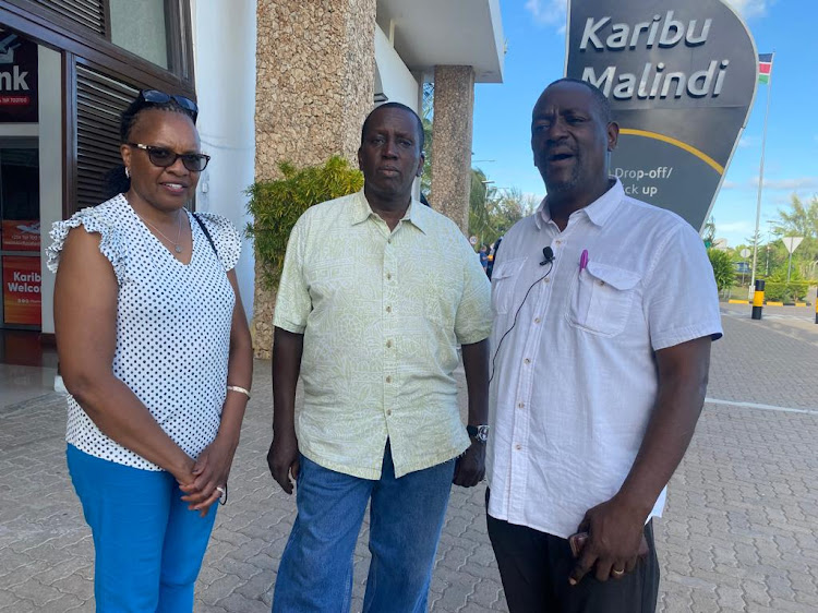Maryanne Geotz Director and Animal Conservancy Proximity Point Group, David Chege, Director Royal Tulia Project, and Prof Lucas Njenga, CEO Proximity Point Group at the Malindi International Airport waiting for delegates coming in for the conference