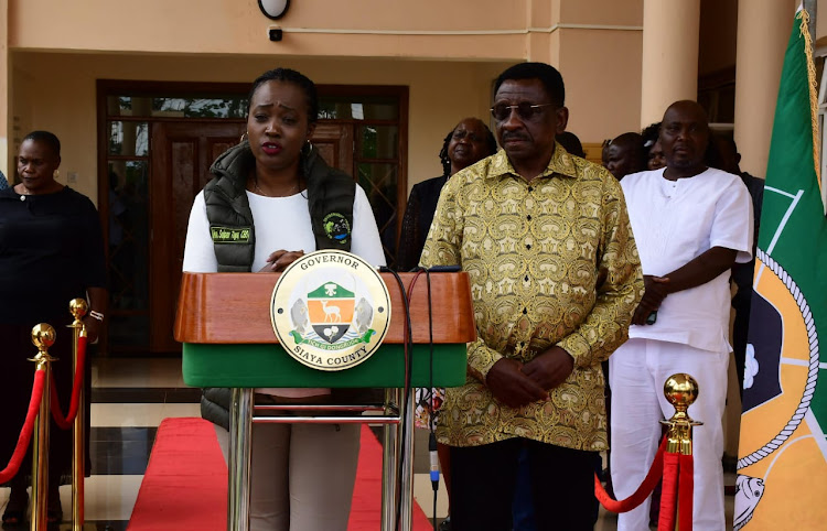 Cabinet Secretary for Environment, Climate change and Forestry Soipan Tuya and Siaya governor James Orengo addressing journalists at the governor's office on Friday, April 5, 2024.