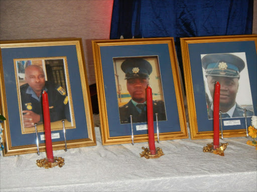 Warrant Officer Zuko Mbini and constables Sibongiseni Sandlana and Kuhle Mateta were among the five officers remembered by their colleagues in a moving memorial service in Ngcobo Picture:SIKHO NTSHOBANE