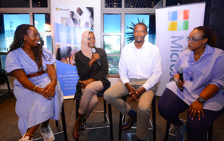 Microsoft ADC Education Engagement Lead Irene Githinji, Zetech University Cyber Security Analyst Renee Ngige, Dr Dedan Kimathi Univeristy IT department chair Kinyua Gikunda and Microsoft ADC Head of Marketing & Communications Tabitha Maina speaking during the launch of the second upskilling cohort, which aims to support university lecturers and empower them to keep in step with advancements in the tech industry.