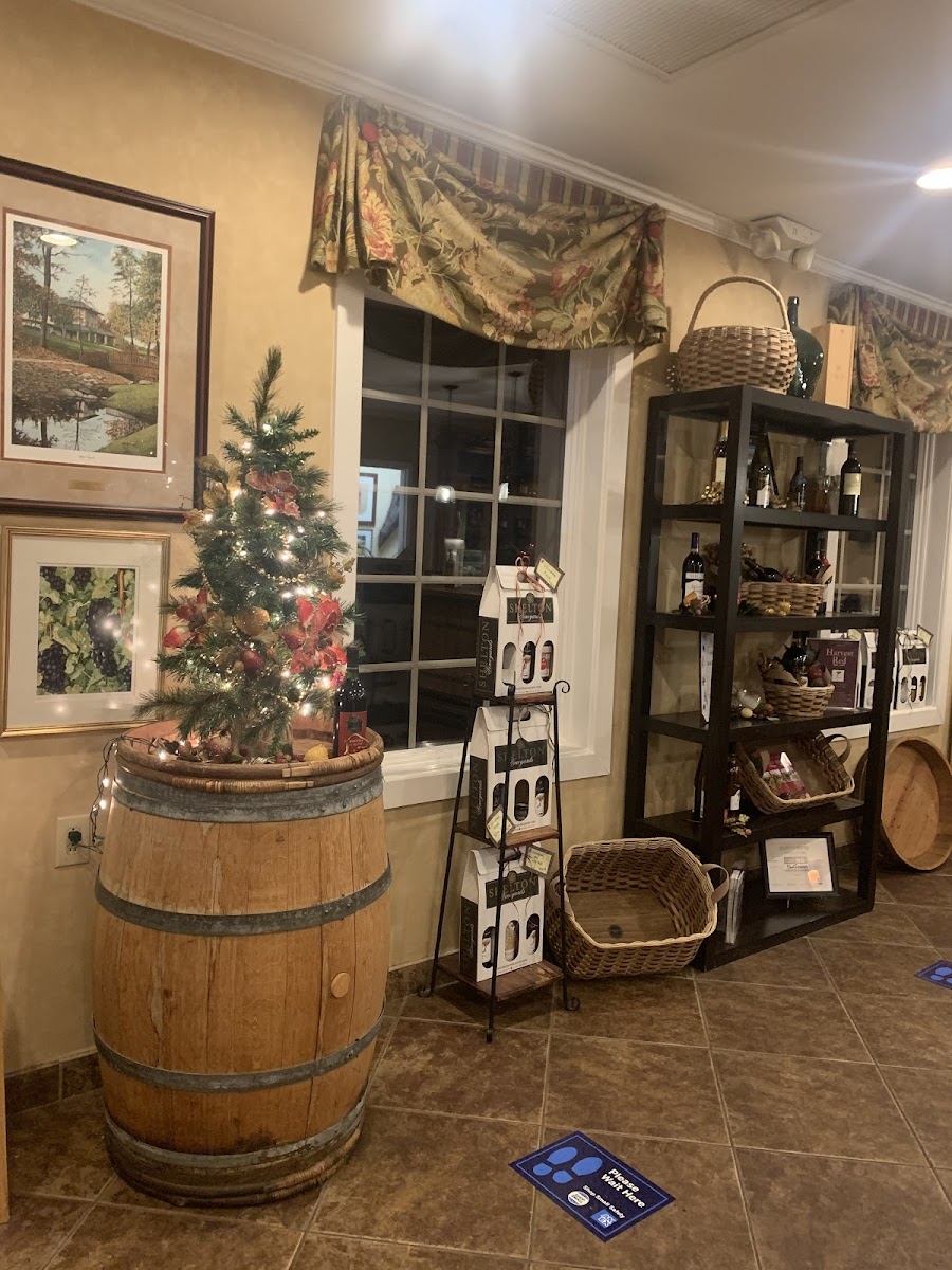 Lobby area decorated for Christmas