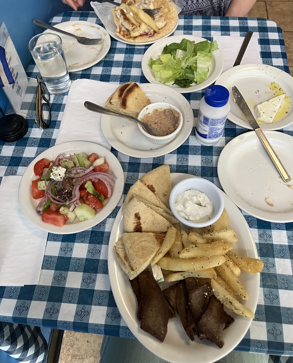 Pita, Fries, Gyro Meat, Feta, Hummus, Chicken Wrap and Greek Salad