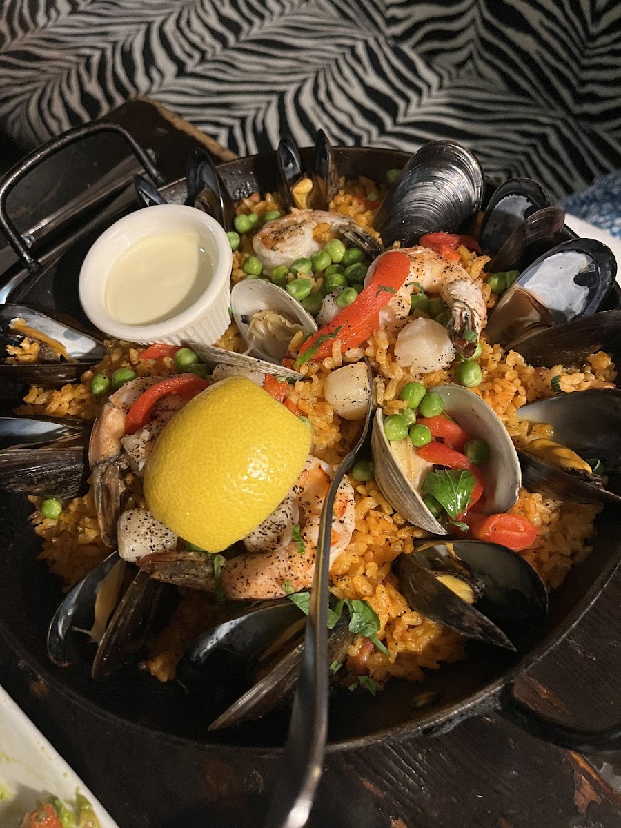 Paella Valenciana - Saffron Rice, Bay Scallops, Shrimp, Mussels, Clams, Chorizo, Chicken, Garlic Aioli