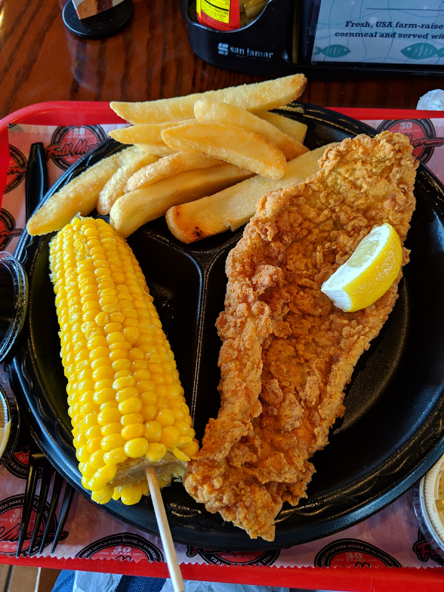 Catfish in a cornmeal breading, fries, corn, side of white sauce.