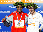Hendrik Ramaala and Paula Radcliffe of Great Britain after the New York City Marathon.