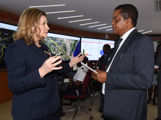 United Kingdom’s Secretary of State for International Development Penny Mordaunt with KRA Commissioner General John Njiraini at the Regional Electronic Cargo Tracking System central monitoring unit at Times Tower, Nairobi/Photo Courtesy