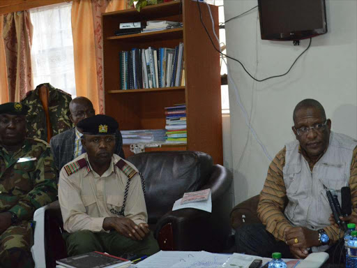 Environment CS Keriako Tobiko with Narok County Commissioner George Natembeya during the press briefing in Narok on Friday.