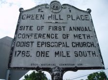 Site of the first annual conference of Methodist Episcopal Church, 1785, hosted in home of Green Hill, minister, one mi. S.Plaque via North Carolina Highway Historical Marker Program, and is used...