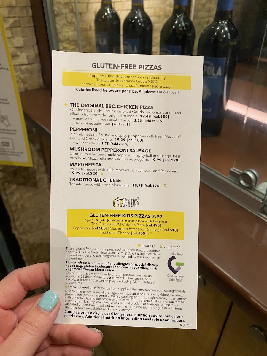 California Pizza Kitchen gluten-free menu