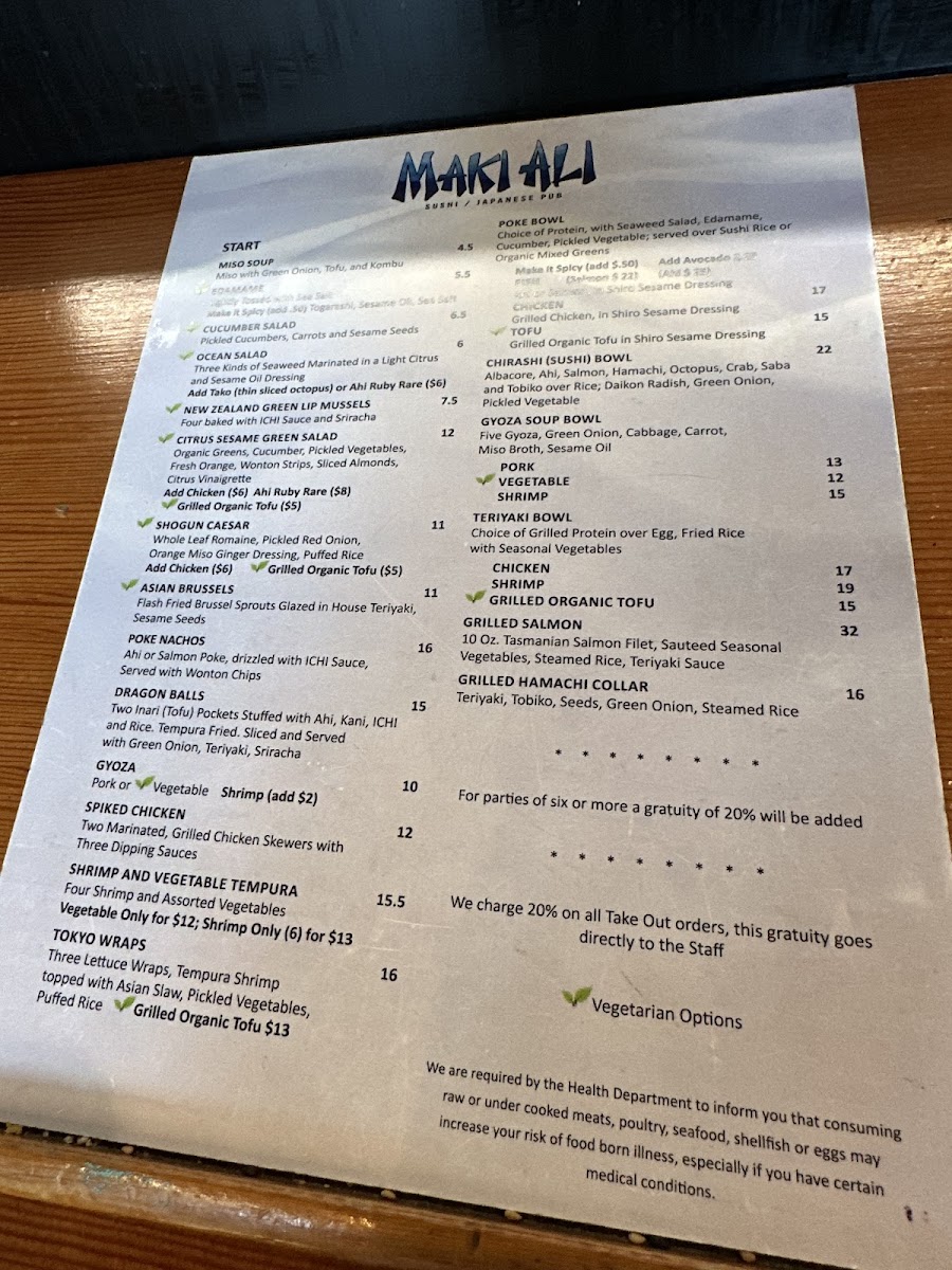 MakiAli gluten-free menu