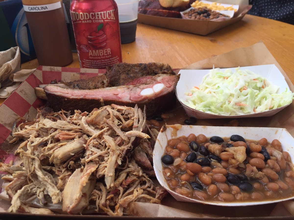 Pulled pork, ribs, baked beans and coleslaw